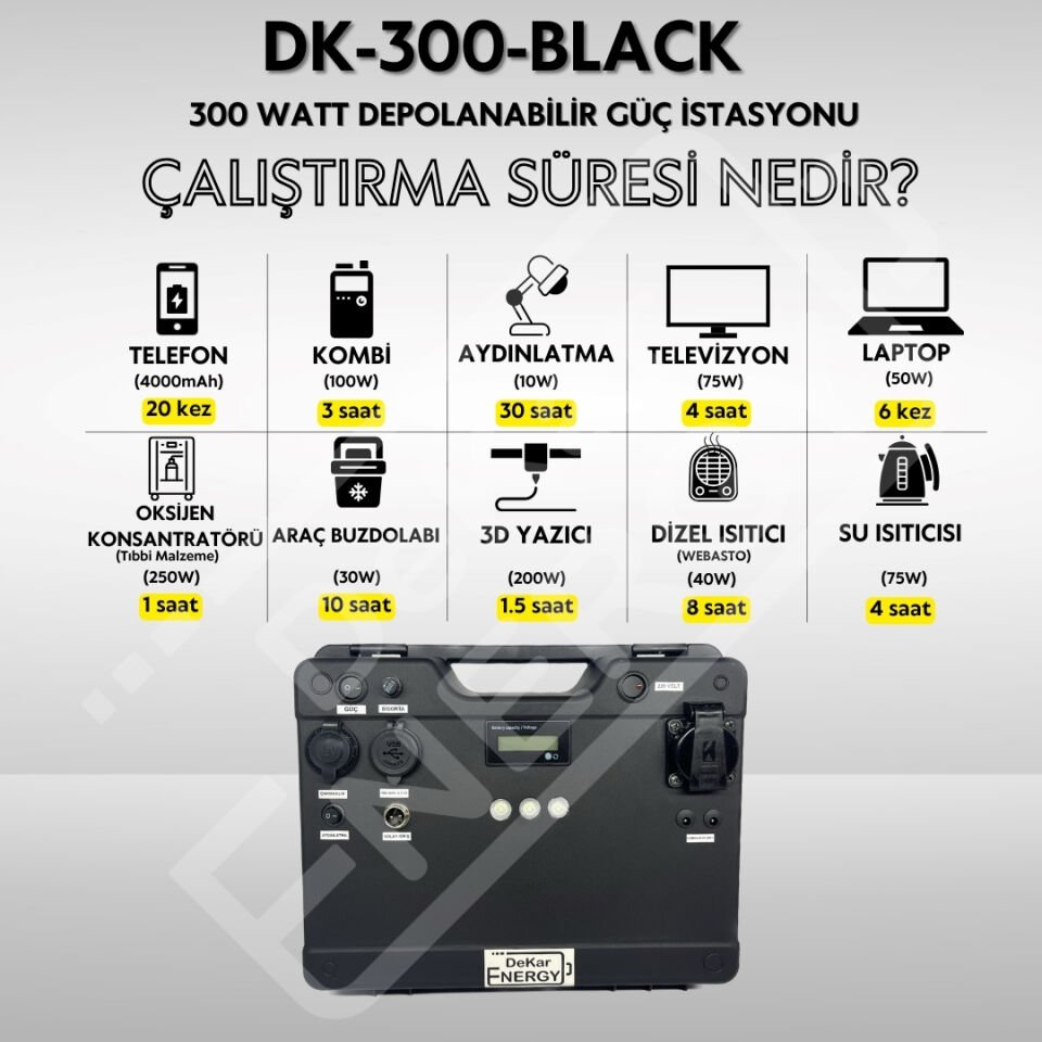 Taşınabilir Güç Kaynağı DK-300-BLACK + 50 Watt Güneş Paneli
