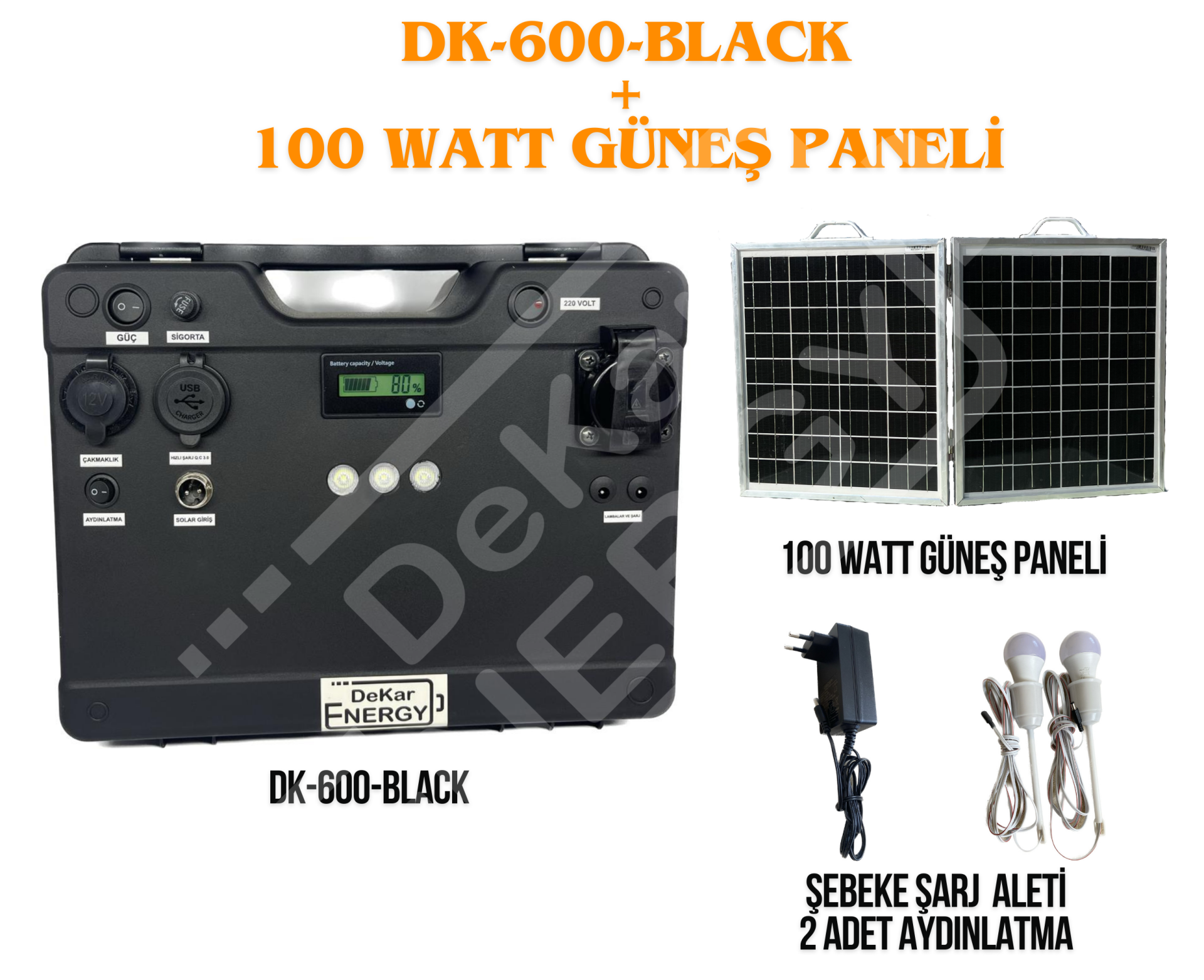 Taşınabilir Güç Kaynağı DK-600-BLACK + 100 Watt Güneş Paneli