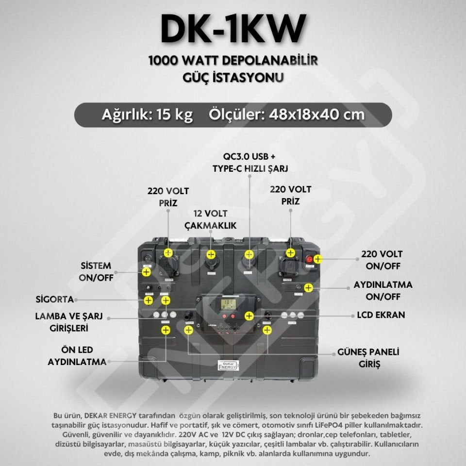 Taşınabilir Güç Kaynağı DK-1KW + 200 Watt Güneş Paneli