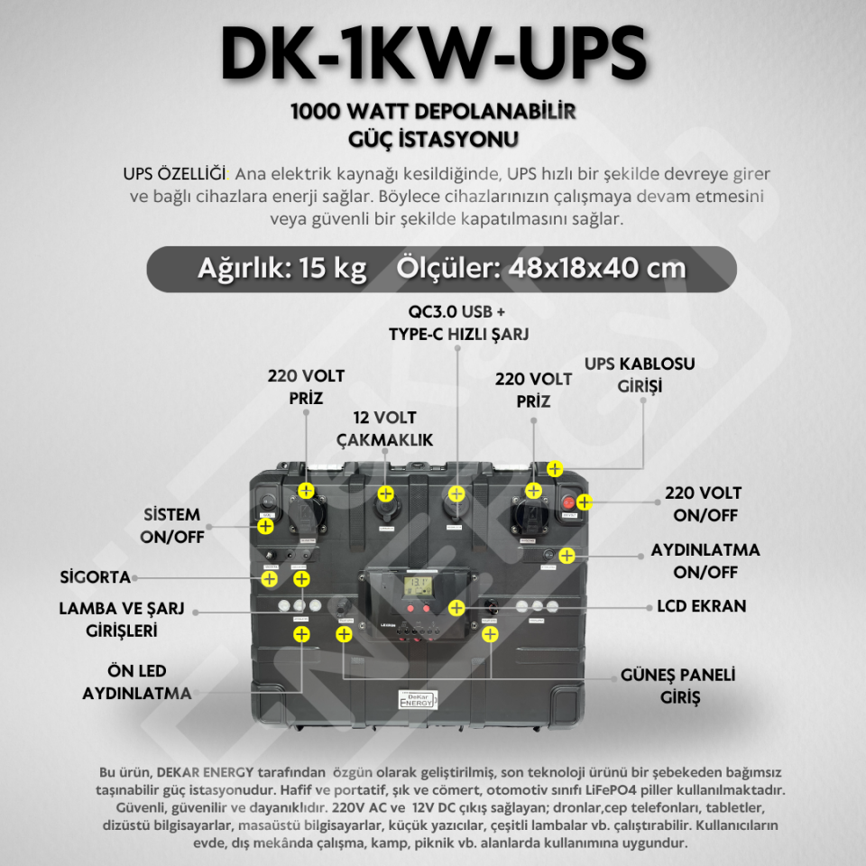 Taşınabilir Güç Kaynağı DK-1KW-UPS + 200 Watt Güneş Paneli