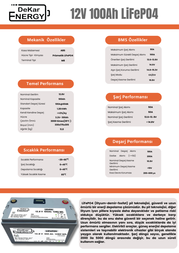 The Dekar Energy 12 Volt 100 Ah LiFePO4 Bluetooth Özellikli Akü