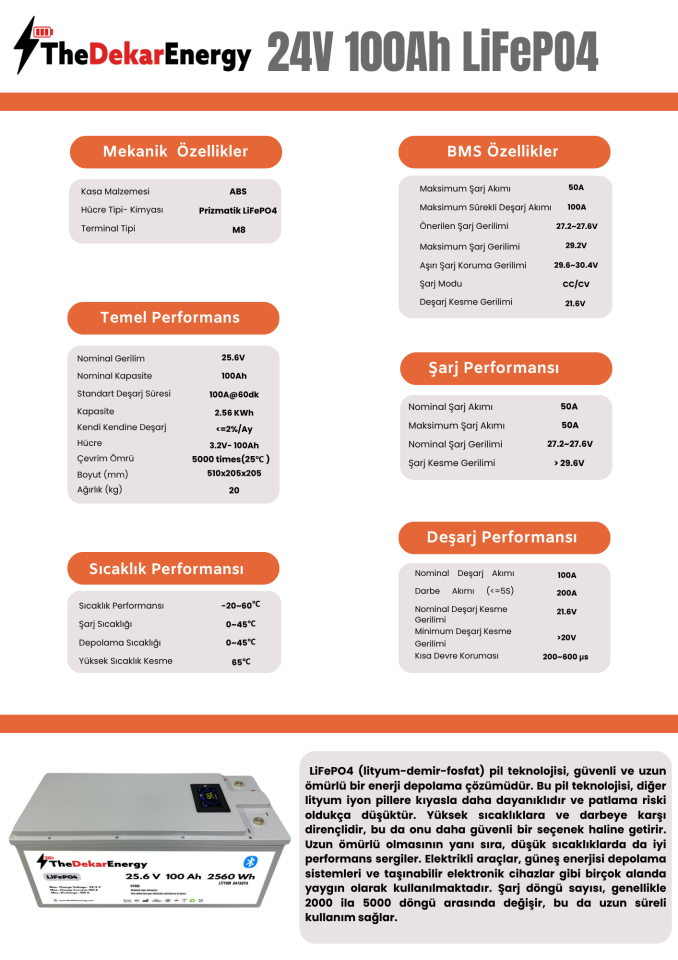 The Dekar Energy 24 Volt 100 Ah LiFePO4 Bluetooth Özellikli Akü