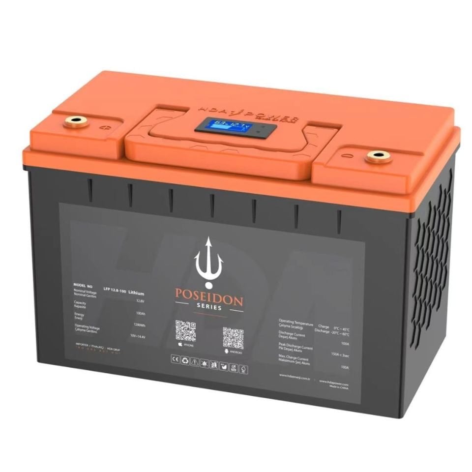 HDA Power Poseidon 12.8V 100 Amper 5000 Döngü, Bluetooth Lityum LifePO4 Akü