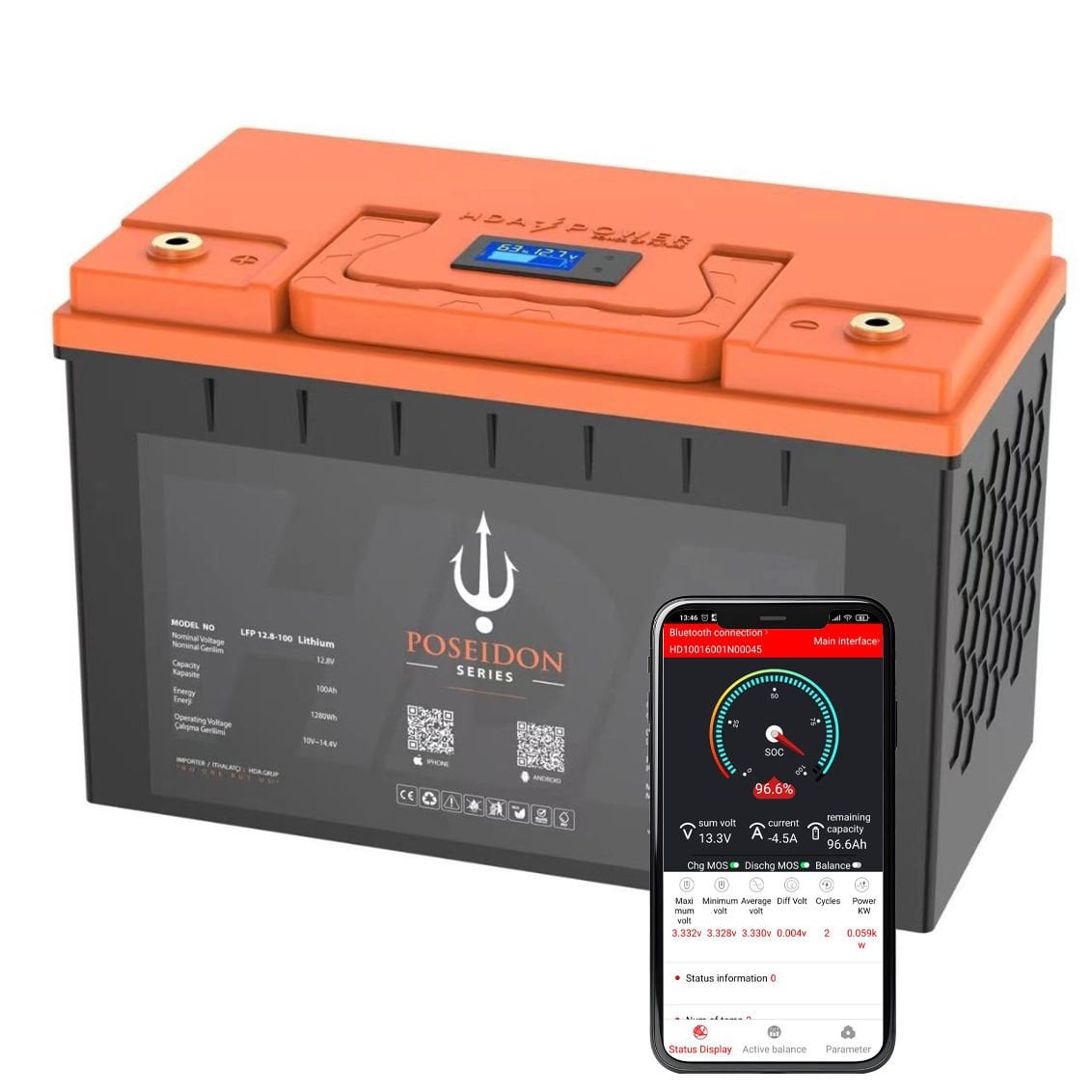 HDA Power Poseidon 12.8V 100 Amper 5000 Döngü, Bluetooth Lityum LifePO4 Akü